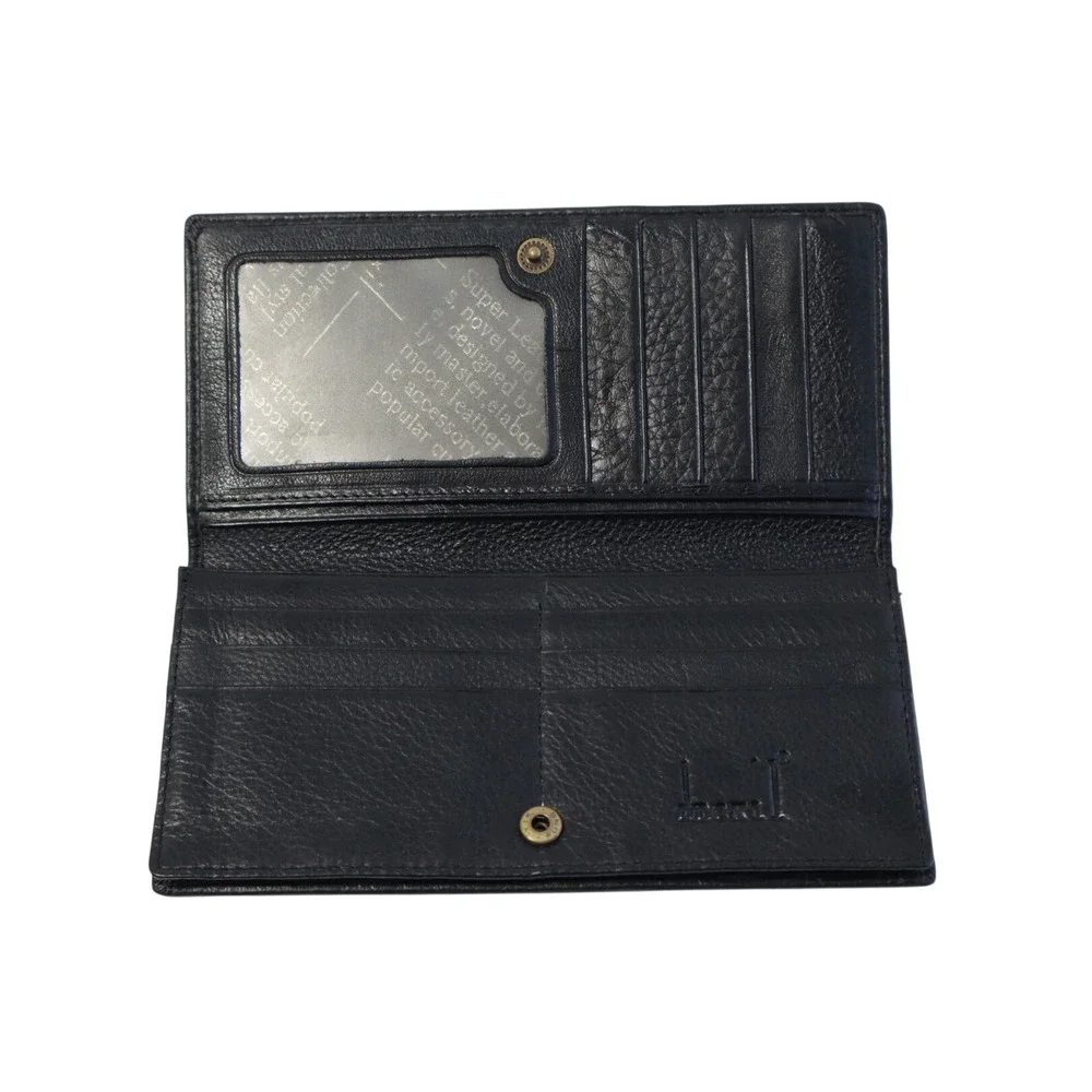 Dnexil Mens Black Pebble Grain Leather Long Bifold Wallet with ID Window & Pouch
